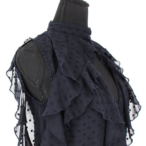 NICHOLAS Ruffle Trim Cold Shoulder Blouse 0 Sheer Navy Blue Swiss Dot Top XXS - Picture 3 of 9